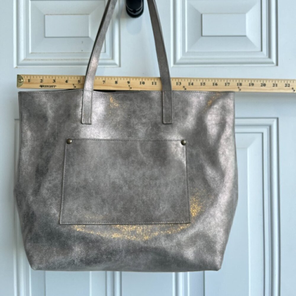 Garnet Hill Leather Tote Functional Pockets Suede Interior Shimmering Gray - Picture 4 of 12